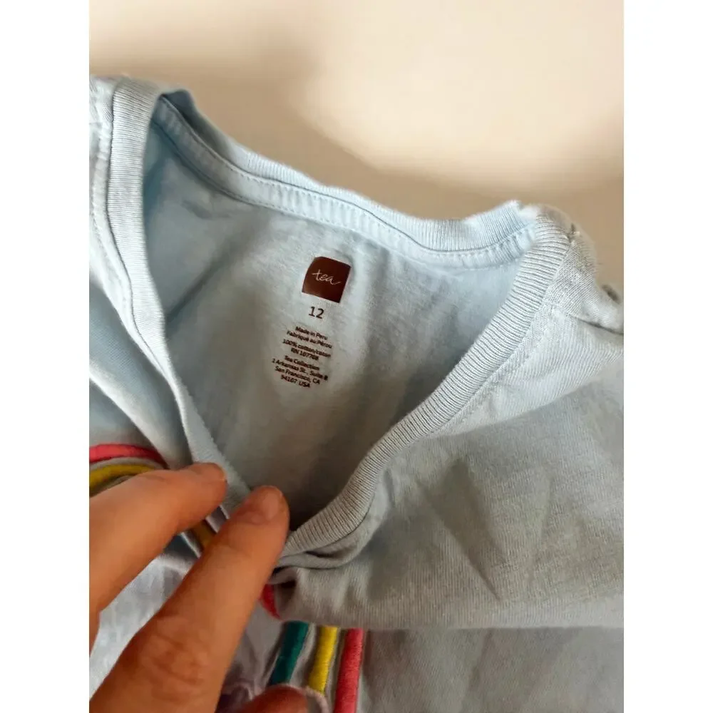 Tea Collection Girls Blue Embroidered Rainbow Tee Shirt Size 12